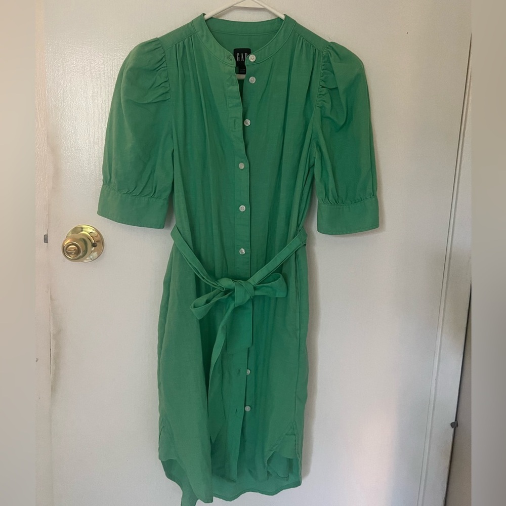 GAP Green Long Sleeve Cotton Linen Dress with Tie Waist